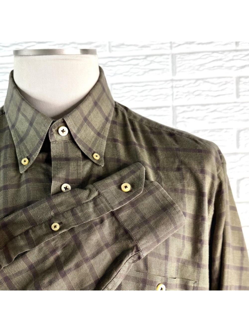 Robert Talbott Mens Plaid Long Sleeve Button Down Dress Shirt Large Green Brown